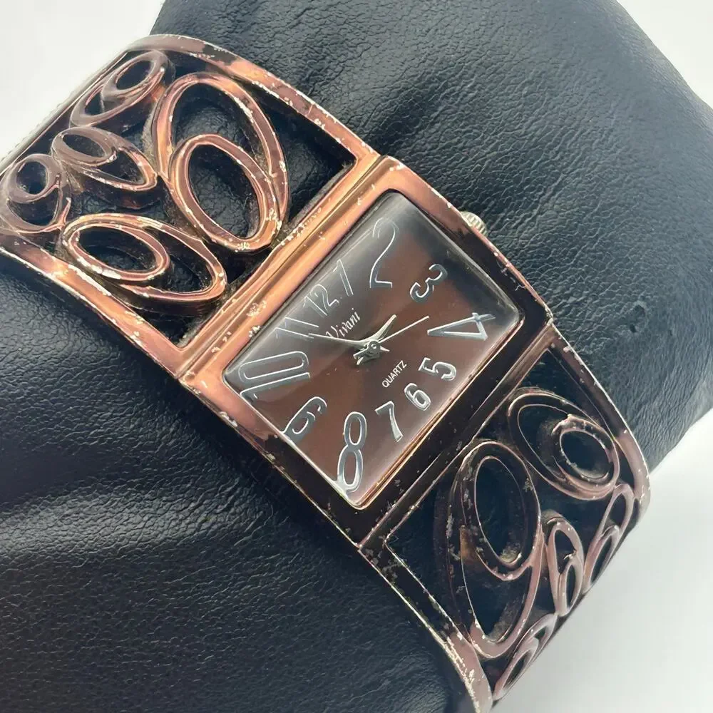 Vivani Women's Rose Gold Tone Wide Cuff Bangle Watch Working New Battery